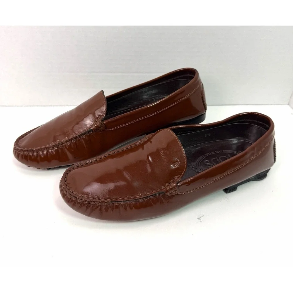TOD'S Patent Leather Driving Loafers Brown Slip On Women's Size 6.5 Luxury Italy